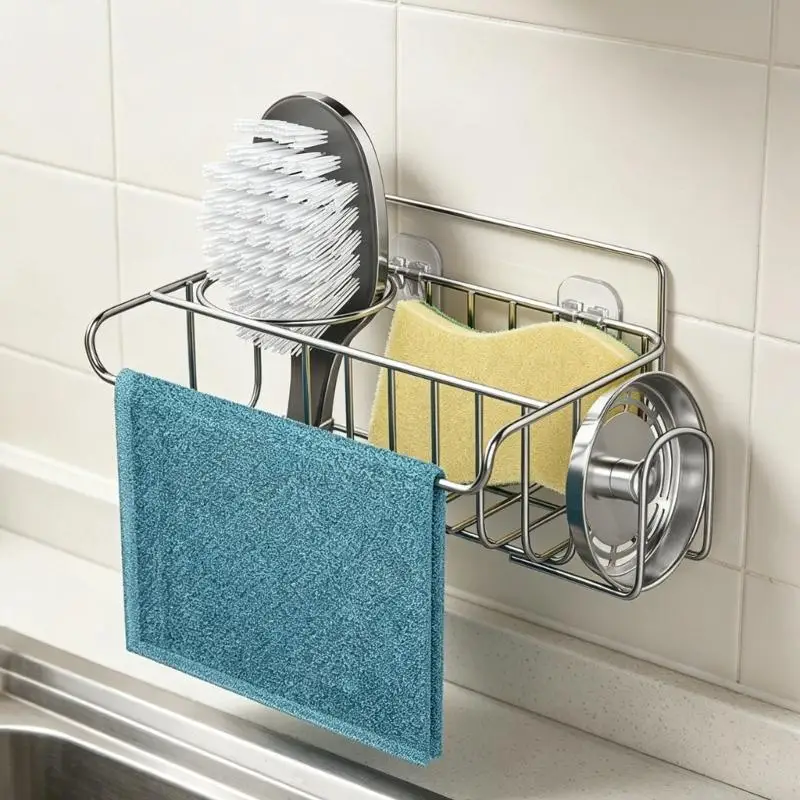 

Прочный металлический держатель для губки, настенный, сверление не требуется, для хранения на кухне, в ванной, прочная D2RD