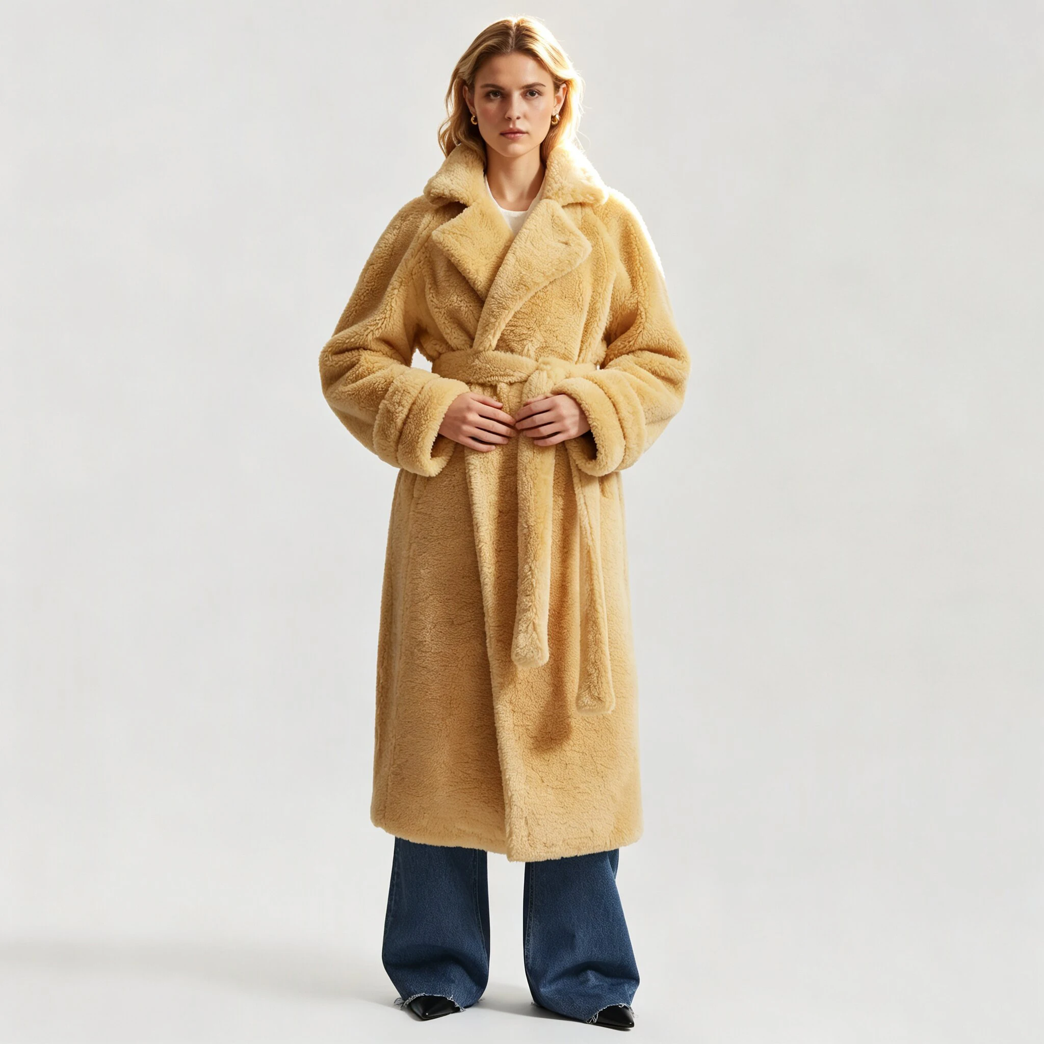 RU Women Long Teddy Fleece Coat Notched Lapel Collar Self Belt Waist Tie Loose Warm Outerwear For Autumn Winter Elegant Outfit