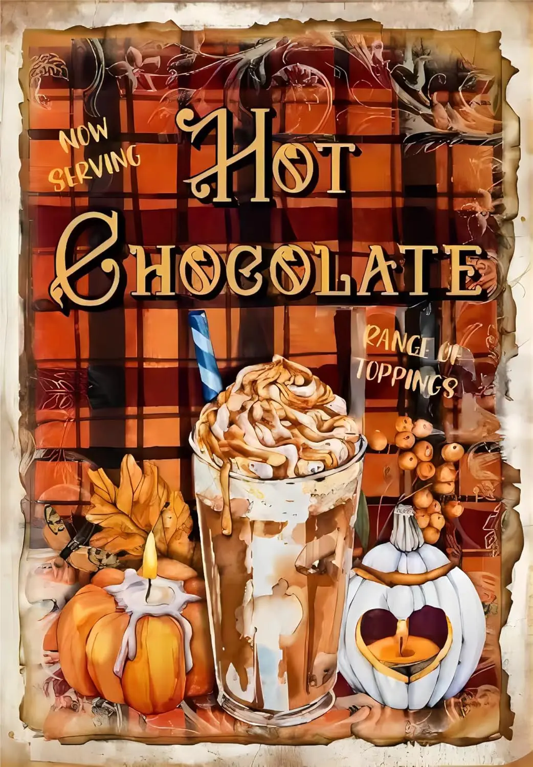 

Halloween Pumpkin Hot Cocoa Sign, Retro Gingham Metal Logo Shabby Chic Tin Sign Cafe bar Home Wall Art Decoration Retr
