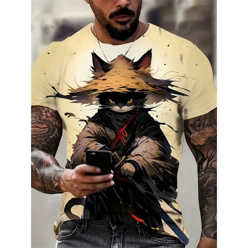 Colorful Panda Hero Pattern T Shirt For Men Cool Cat Warrior 3D Printed Tees Casual Short Sleeve Round Neck Tops Street T-Shirts