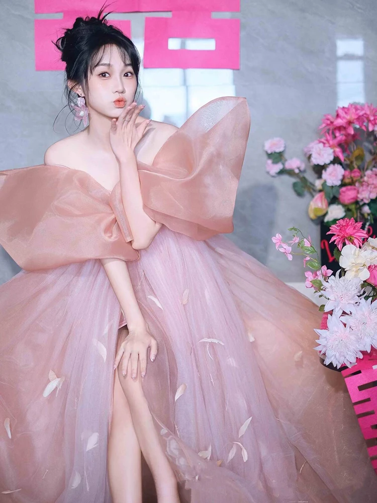 

Розовое утреннее платье-халат с перьями, вечернее платье для невесты, длинное, 100% полиэстер, для свадьбы и выступлений