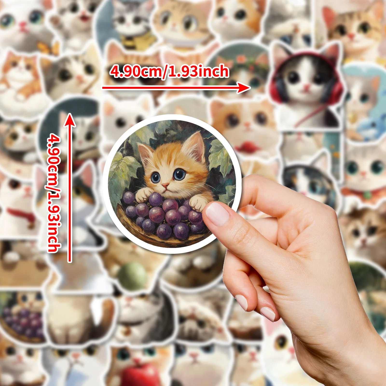 10/50PCS Kawaii Oil Painting Round Face Cat Sticker Cute Animal Decals Notebook Phone Laptop Diary Decoration Sticker Kids Toy