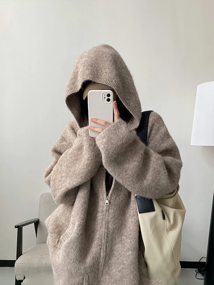 

Мягкий нежный сладкий чайный цвет вязаный открытый кардиган женский осенне-зимний новый ленивый свитер на молнии модный белый улучшающий S...