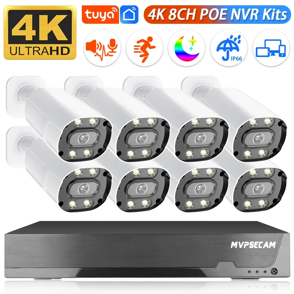 투야 8CH 비디오 감시 시스템, HD 4K 야외 보안 카메라, 8MP 3.6mm 모션 감지, 컬러 나이트 비전, IP 카메라 세트 POE