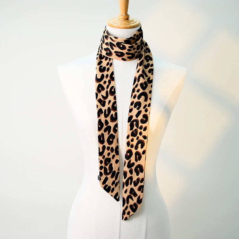 

Leopard Retro Ribbon Long Silk Scarf Headband Tie Waistband Bag Handle Accessory Thin Scarf Necktie Women Neck Scarves