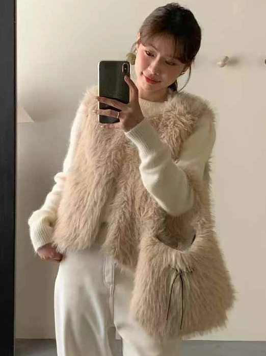 Coreano Sle Cute Agel Design Fluffy Svel Gilet caldo Set con borsa con nodo Faion Fce foderato alla moda da donna