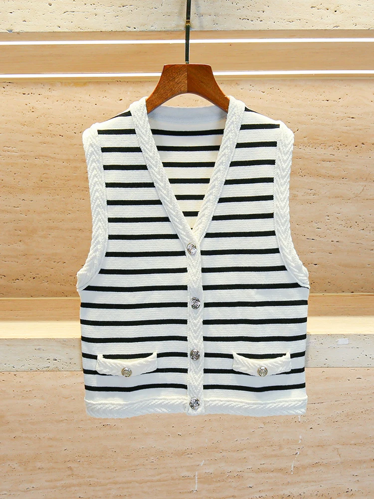 

Migii High-End Women's Striped Vest And ter Skirt Set Faionable Woolen Two-Piece Suit for Ages 25-35 V-Ne Button Sle