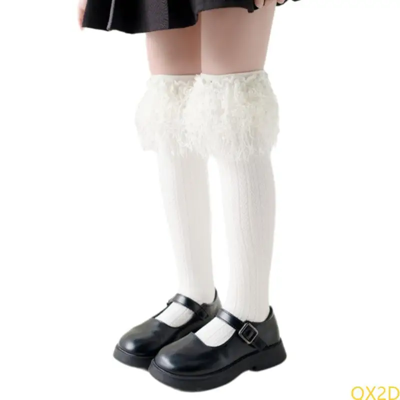 

QX2D Kids Middle Calf Socks Stackable Piled Up Socks with Long Tassels for Ages 3-16Y