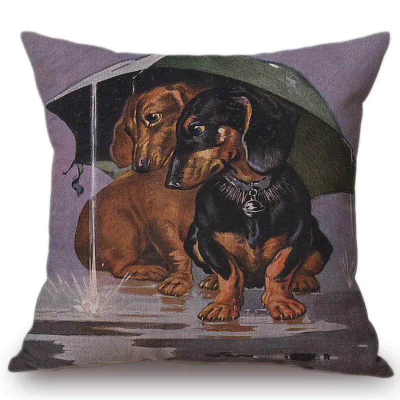 Oil Painting Dachshund Dog Chair Pillow Cotton Linen Home Decorative Doxie Pet Puppy Dogs Cute Cushion Living Room Car Pillows