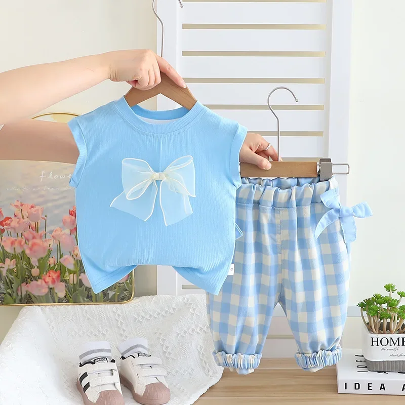 

New Summer Baby Clothes Suit Children Girls Vest Shorts 2Pcs/Sets Infant Clothing Toddler Casual Plaid Costume Kids Tracksuits