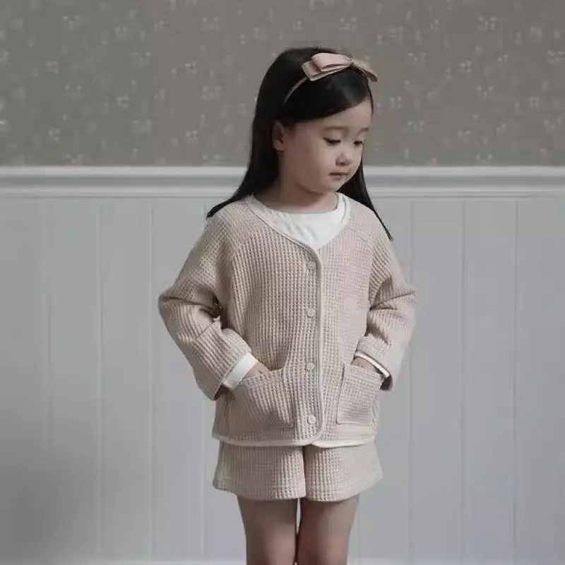 2024 Autumn Children Girl Knitted Waffle Cardigan Top+Shorts New High Quality Tops Casual Fashion Girls Cardigans Two Piece Set