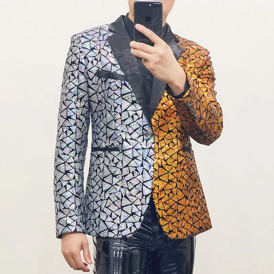 Stylish Men's Gold Silver Splicing Blazers Shiny Sequins Suit Jackets for Male Singer Bar Nightclub Tour Concert Stage Tuxedo