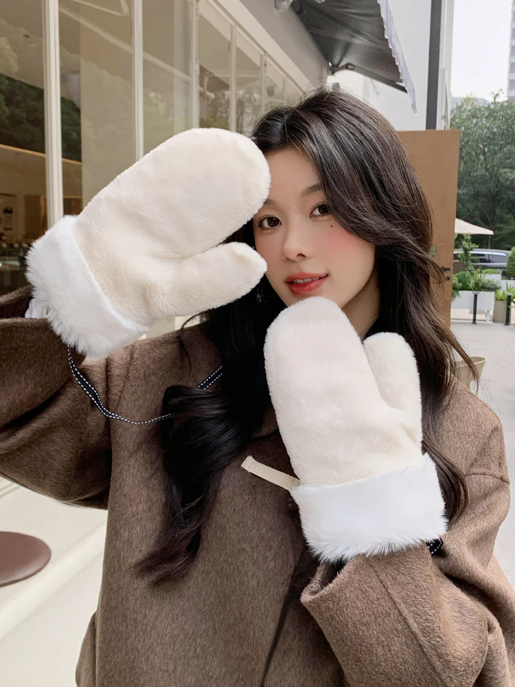 

Plush Gloves Women's Solid Color AutumnWinter Cold-Proof Windproof Fleece-Lined Thickened Warm Student Cute Rabbit Fur Stitching