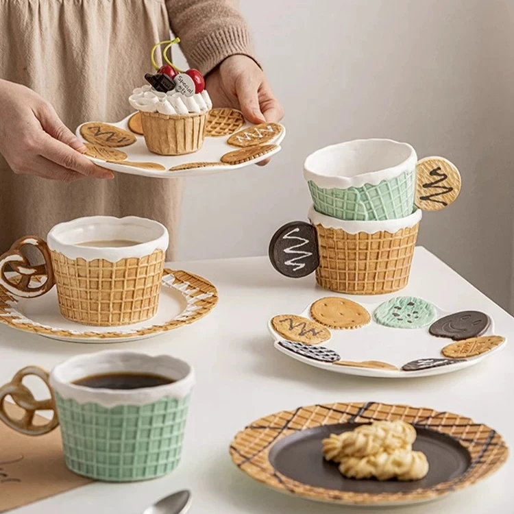 

Waffle-shaped Biscuit Ceramic Coffee Cup Breakfast Dessert Plate Milk Mug Cute Cartoon Tea Cup Office Mug Decor Birthday Gift