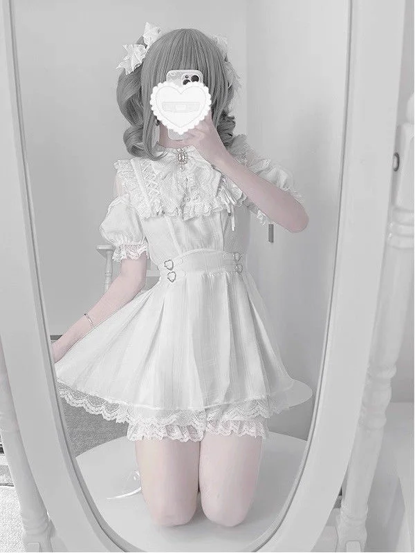 Summer 2026 College Style Shoulder Bared Color Block Waist Cinched Dress Two Piece Set Versatile Shorts Set Sweet  Style