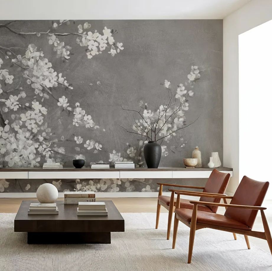 Customized size mural with soft pink cherry blossoms blooming on tree branches, dreamy bedroom, living room, corridor 3d murals