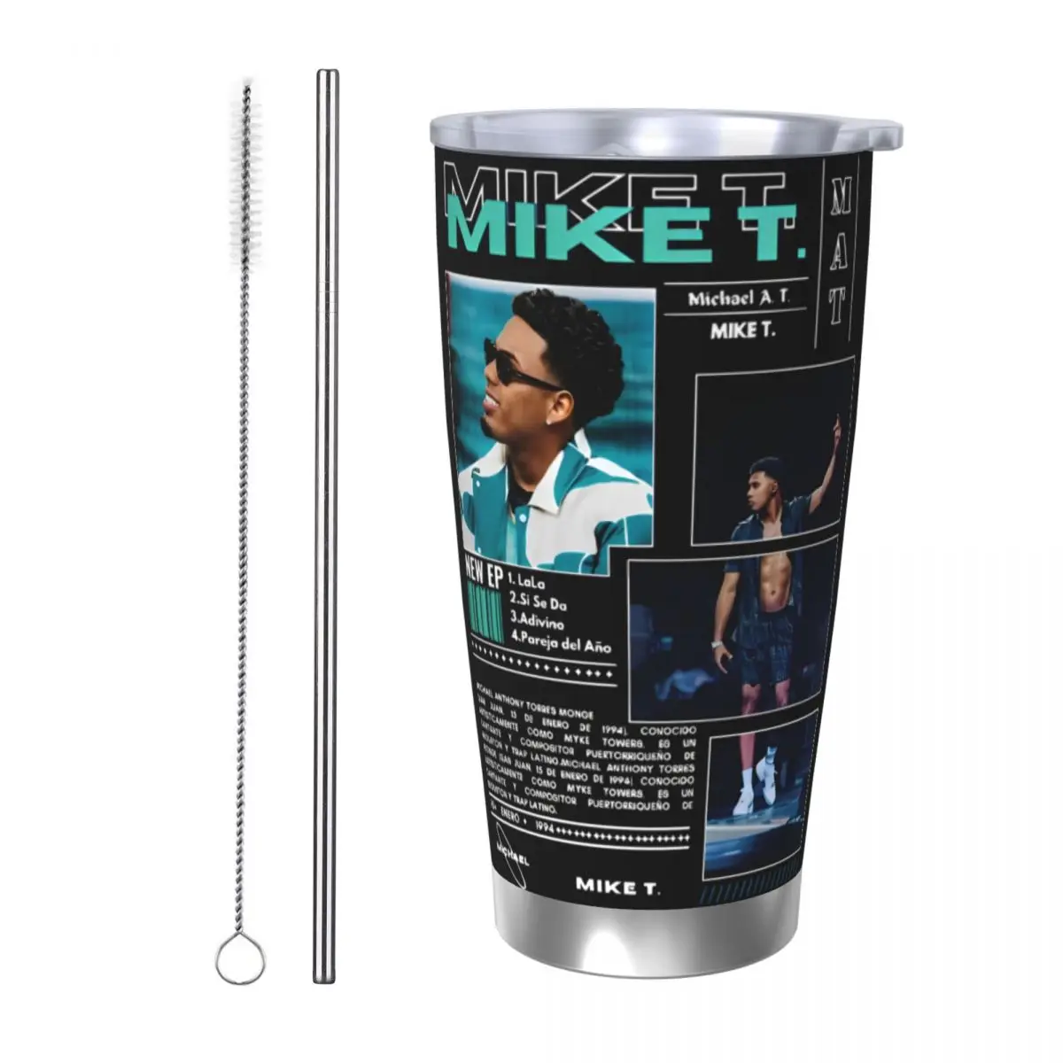 

Изолированный стакан Rapper Myke Towers с соломинкой, кофейные кружки из нержавеющей стали для европейского тура, чашки для автомобильных бутылок с двойными стенками, 20 унций