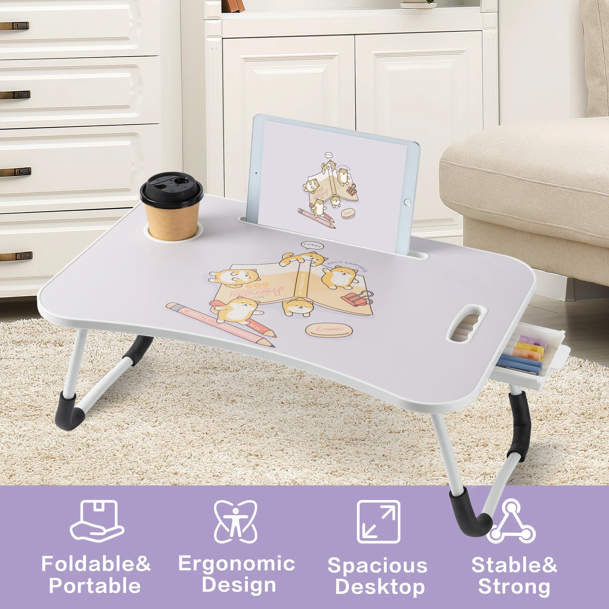 مكتب ديلي قابل للطي مقاس 23.6 بوصة مع حامل أكواب ودرج وفتحة للكمبيوتر اللوحي وصينية محمولة للسرير والأريكة #1