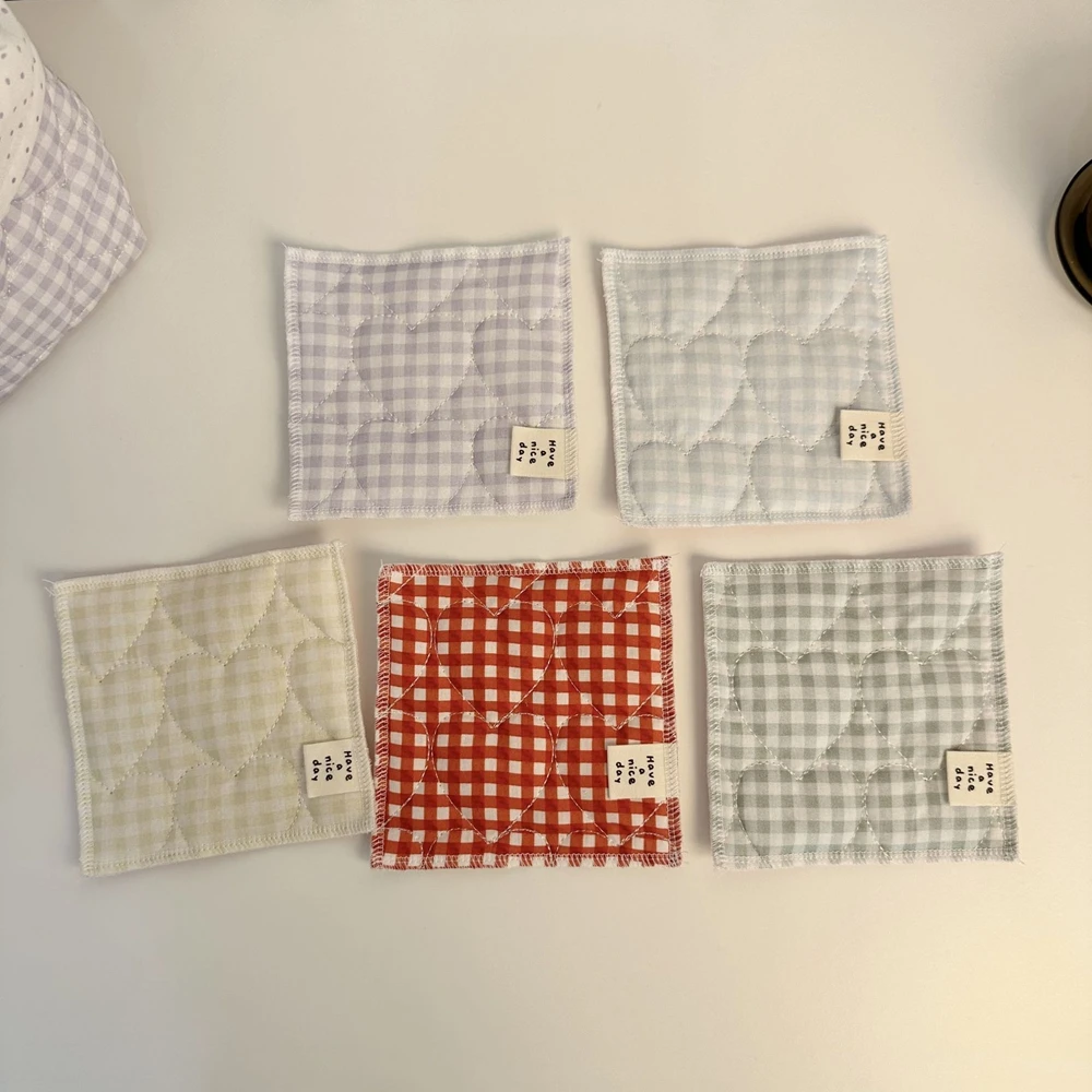 INS Quilted Grid Love Square Cotton Coaster Table Protector Pad Dopamine Color Decoration Hot Drink Mug Placemat Kitchen