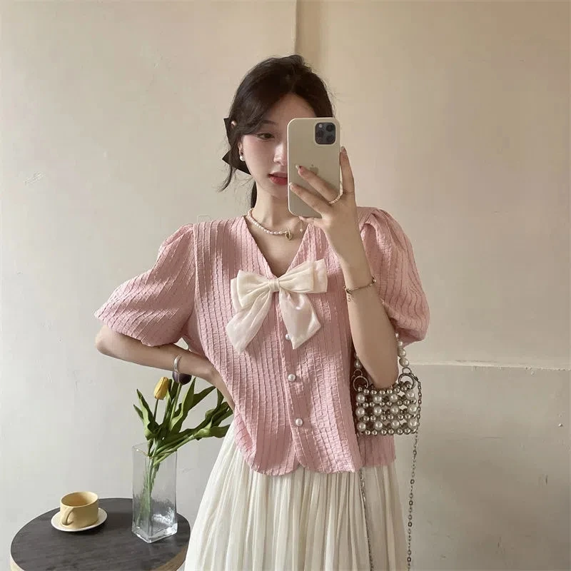 

Ele ort Sve irt Women's Faion Bubble Sve Design Summer Top Ladylike Surprise Korean Sle V-ne Polyester Fiber