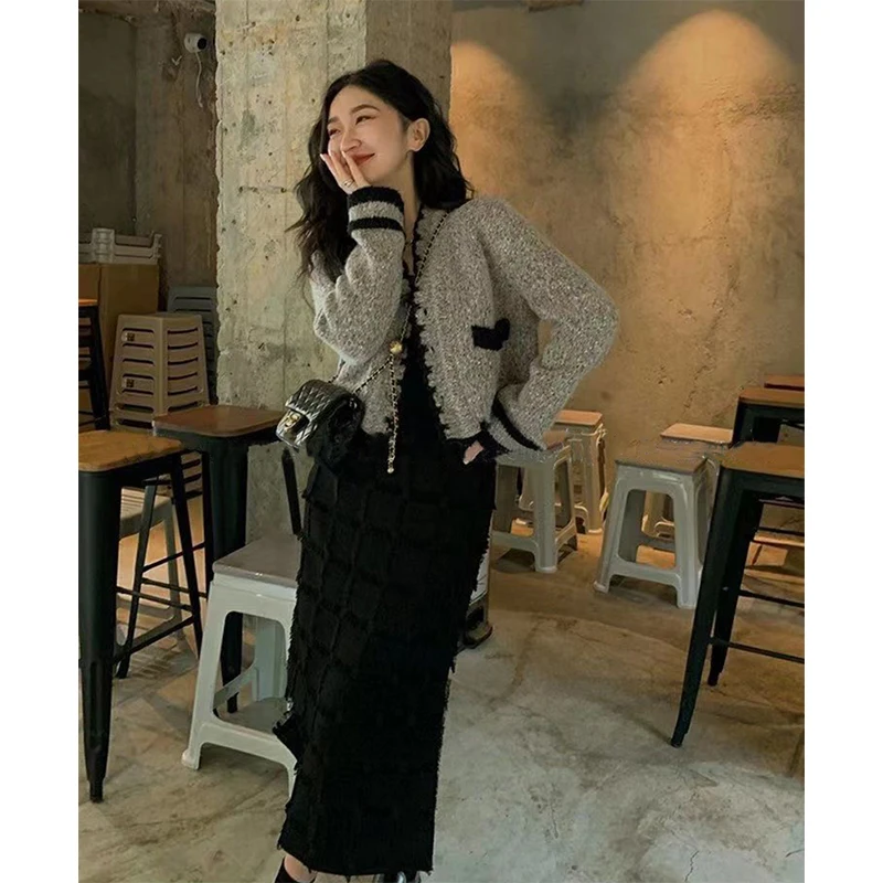 Vintage Knitted Cardigan Women Elegant Cropped V Neck Sweater Coat Sweet Korean Patchwork Short Knitwear Casual Jumpers Tops New