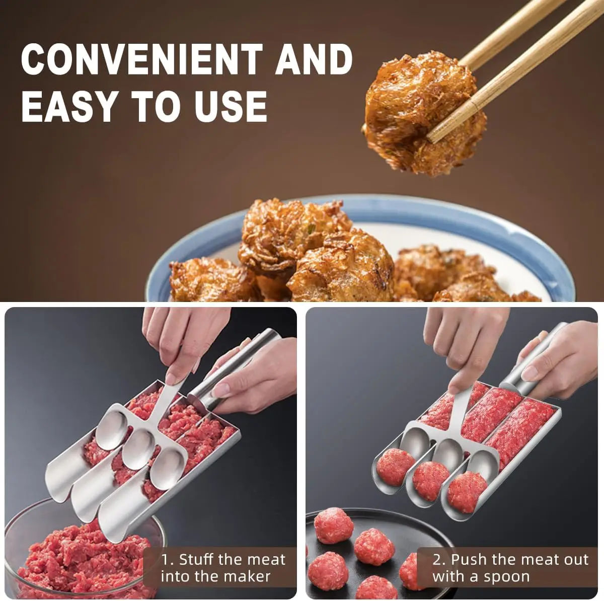 Meatball Scoop Ball Maker, 304 Stainless Steel Non-Stick Creative Kitchen Triple Meatball Maker with Cutting Spade