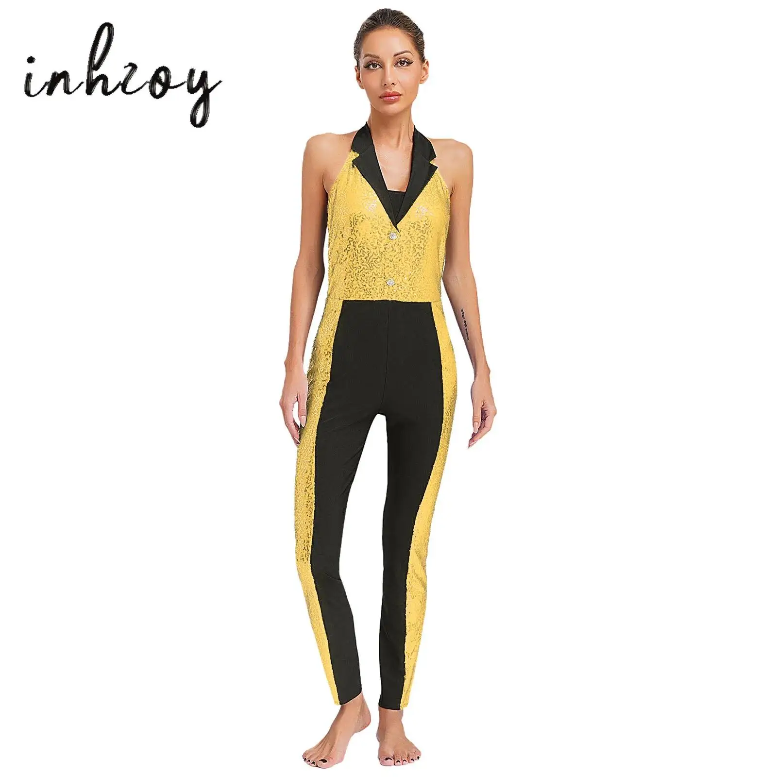 

Women's Shiny Sequins Latin Jazz Dance Jumpsuit Halter Sleeveless Backless Color Block Full Body Leotard 80s Disco Dance Costume