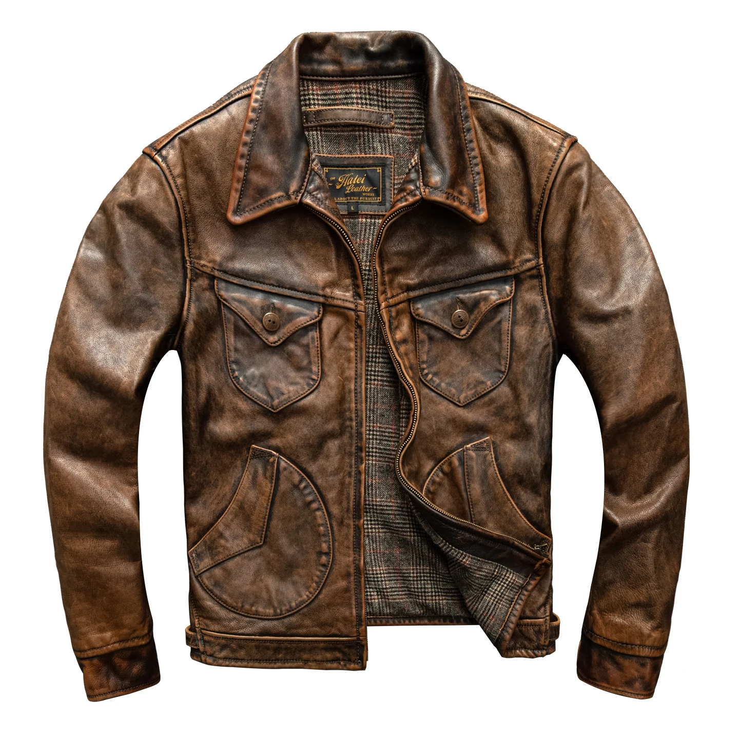 

Brown Autumn Leather Jacket Men Retro Vintage Style Plus Size 5XL Genuine Natural Cowhide Turn-Down Collar Slim Fit Leather Coat