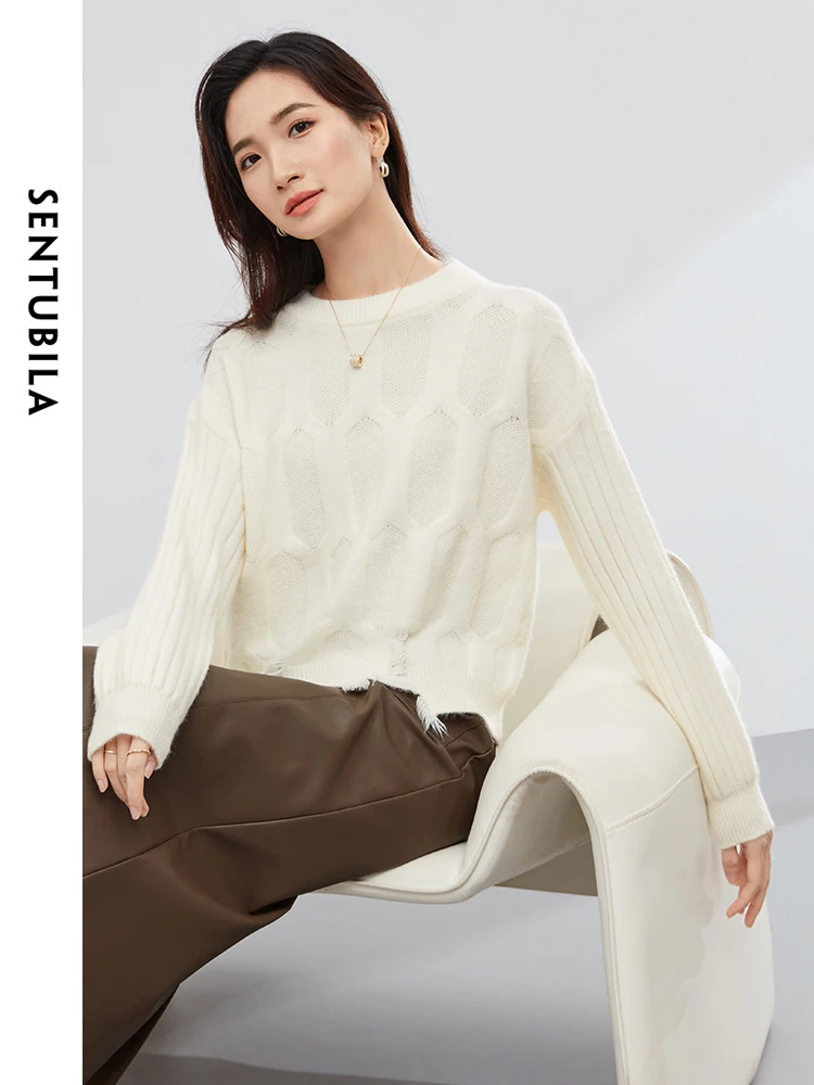 SENTUBILA Geometric Cut Out Soft Knitted Sweater O-neck Straight Warm Knit Pullover 2024 Spring Knitwear Jumper Woman W44E58457X