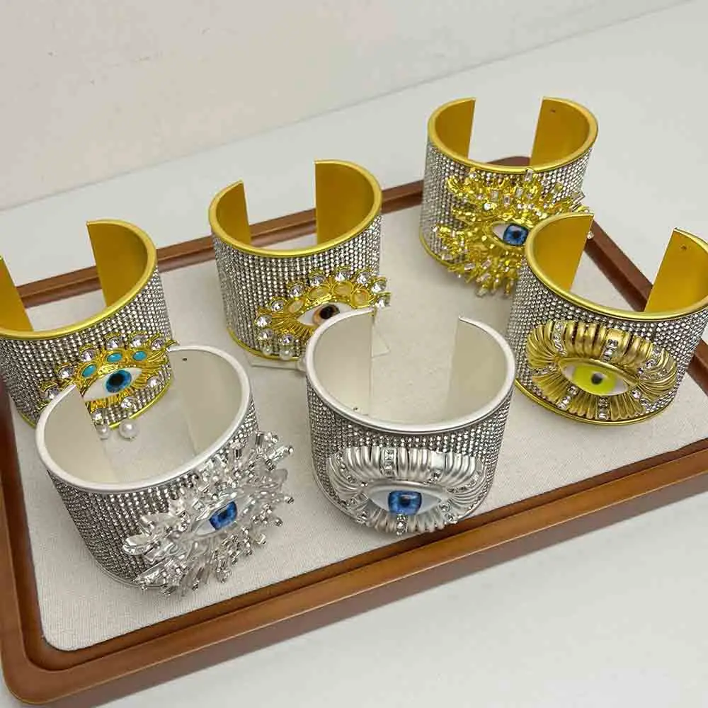 

French Retro Heavy Craft Design Demon Eye Full Diamond Wide Bracelet for Women