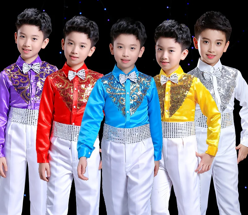 Jungen Hip Hop Kostüm Pailletten Shirts Weiße Hosen Anzug Jazz Kostüme Kinder Bühne Tanzen Outfit Kinder Street Show Tragen