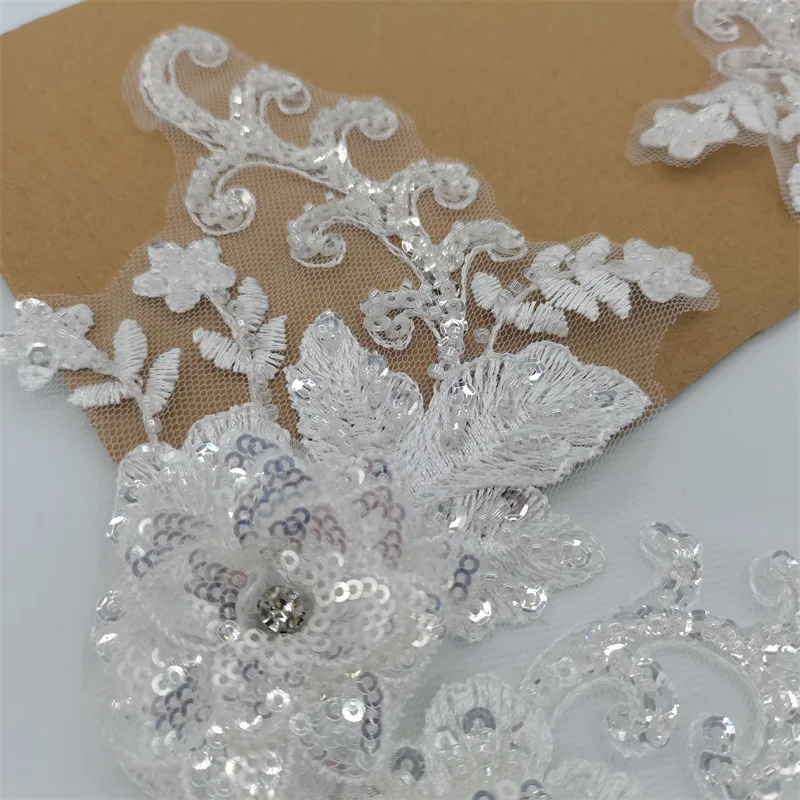 10Pcs Clothing Applique for Bridal Wear Couture Embroidery Patch Embroidered Lace Flower Patch with Sequins view 4