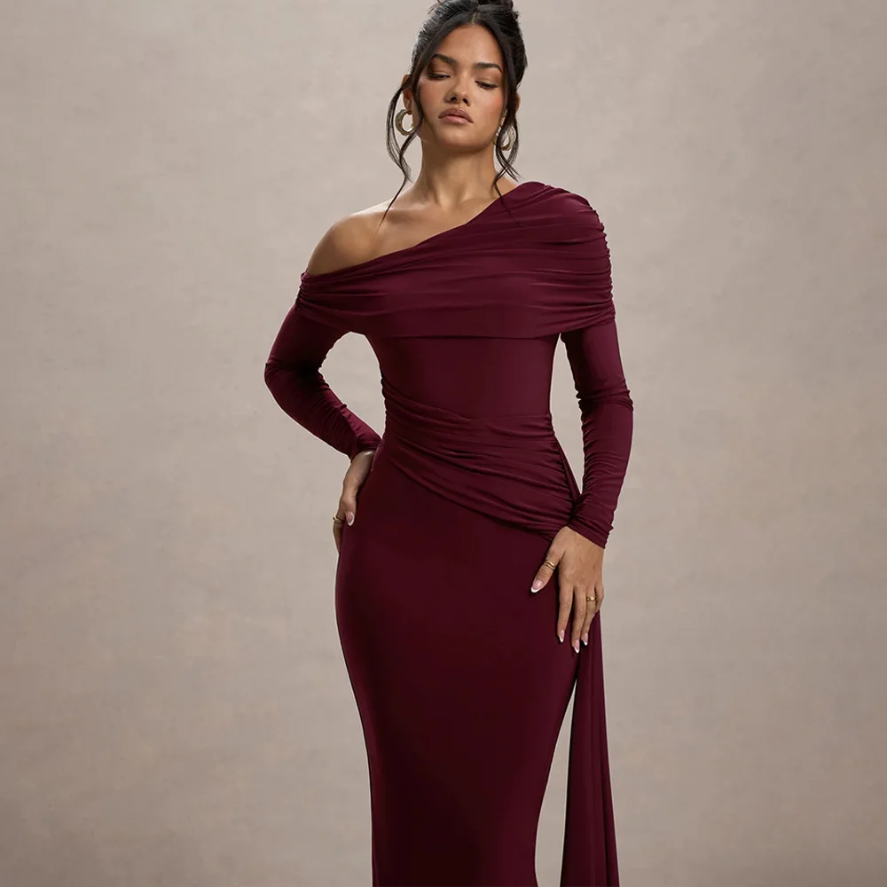 

Long-sleeved Elegant Sloping Shoulder Dress Spring Summer Solid Color Ribbon High Waist Round Neck Slim A-line Evening Dresses