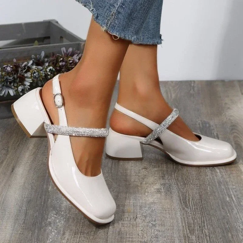 Women\'s sandals thick heel square toe classic women\'s shoes 2024 new design elegant light single shoe patent leather