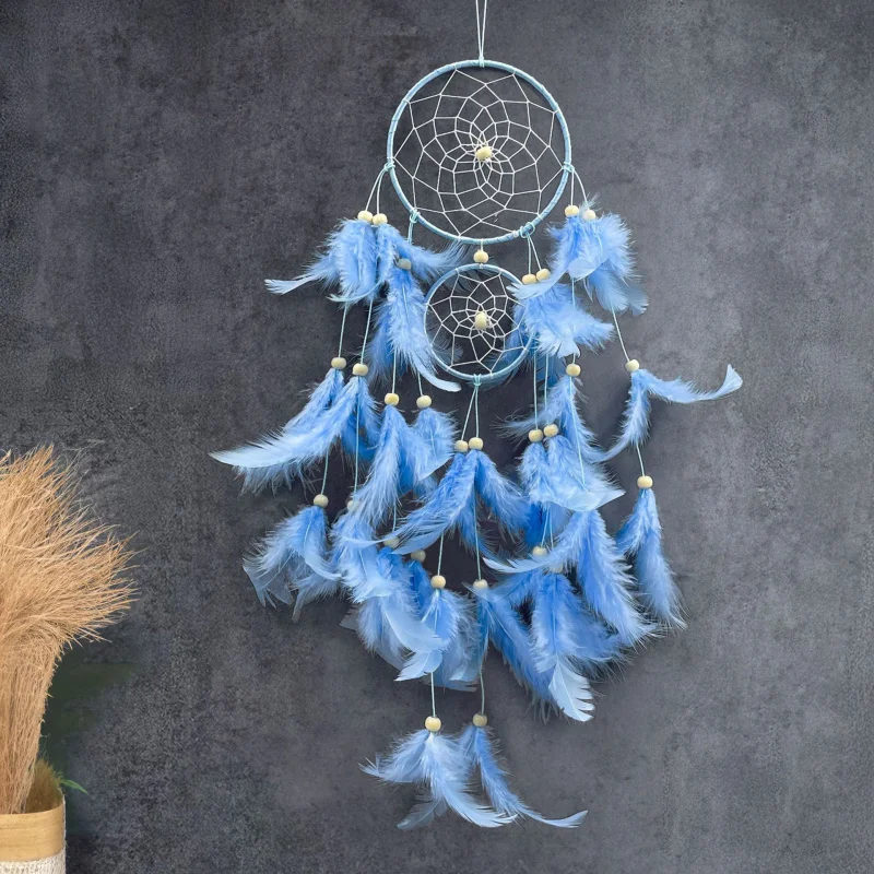 

Ловец снов с перьями, двойное кольцо, колокольчик, подвесное украшение для дома, комнаты, настенное украшение, креативный подарок, колокольчик