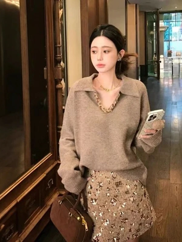 

V-Ne Heavy Embellied Coffee Color Knitwear Women's Sle 2025 New Autumn Winter Unique Beautiful Soft Polyester Blend