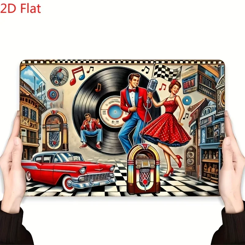 1 Stück Vintage Rock Retro Metallschild, 20x30cm (8x12 Zoll), mit Motiv der 1950er Rockszene mit Schallplatte und Mikrofon