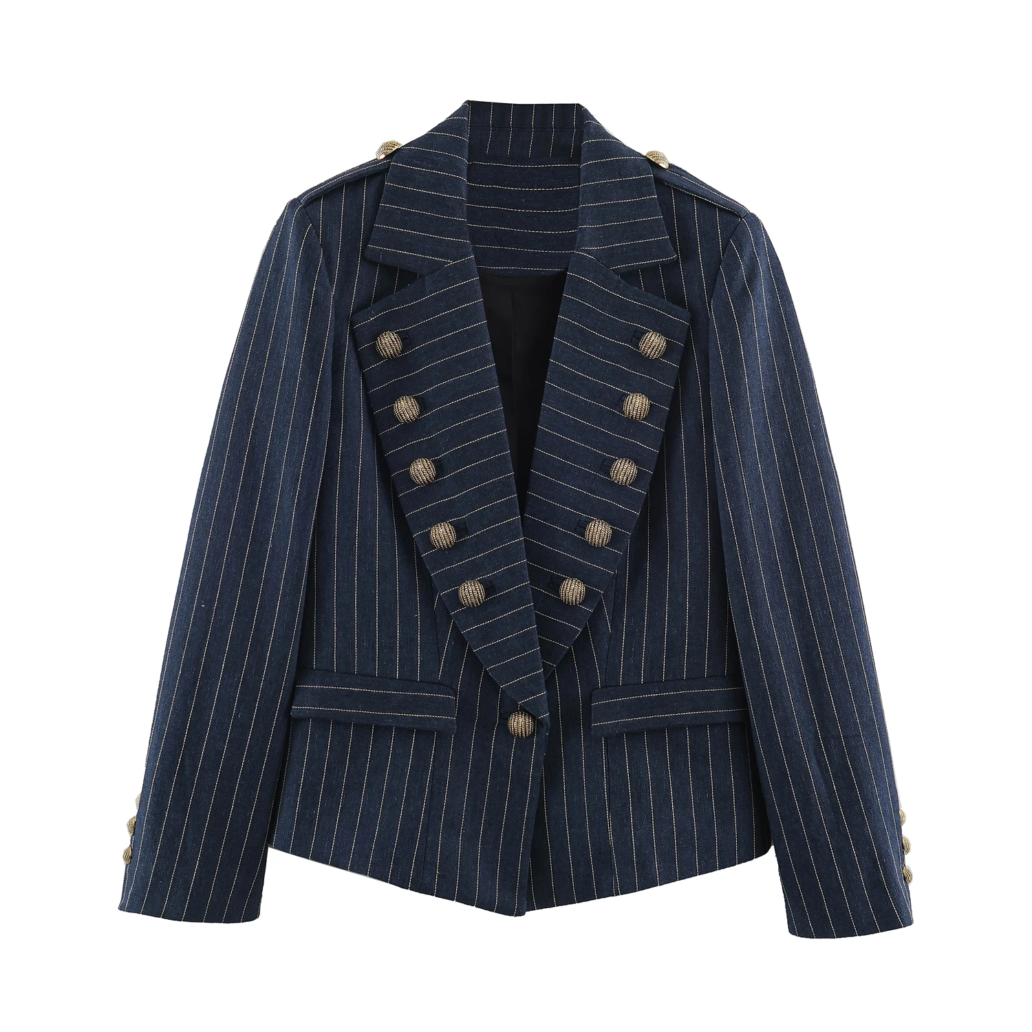 BSAY Retro College Damen Gestreifter Blazer mit Reverskragen, Doppelreihig, Zierknöpfe, Schmale Passform, Kurze Anzugjacke, Lässige Oberbekleidung – Detail 2