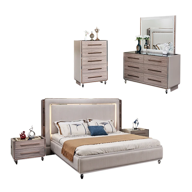 Complete Deluxe King Bedroom Set Double Leather Bed Master Room Storage Home Wooden Frame Modern