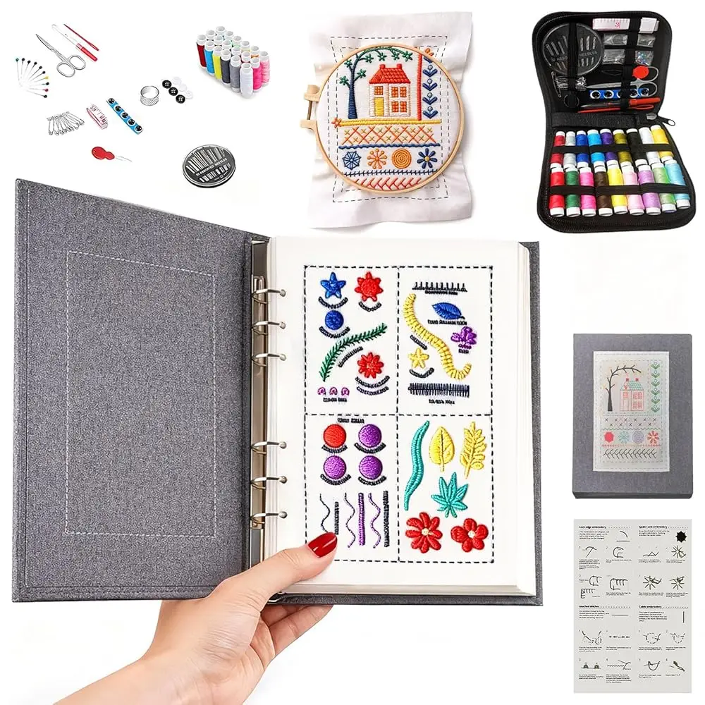 

Embroidery Stitch Book Kit for Beginners, 138 Patterns with Embroidery Hoop & 87 PCS Tools, Portable Loose-Leaf Beginner Emb