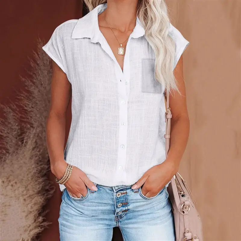 

Summer 2023 Women's Casual Pocket Shirt Pure Color Batwing Sleeve Top Polyester Short Sleeve Flip Collar Fashion Ladies' Blouse