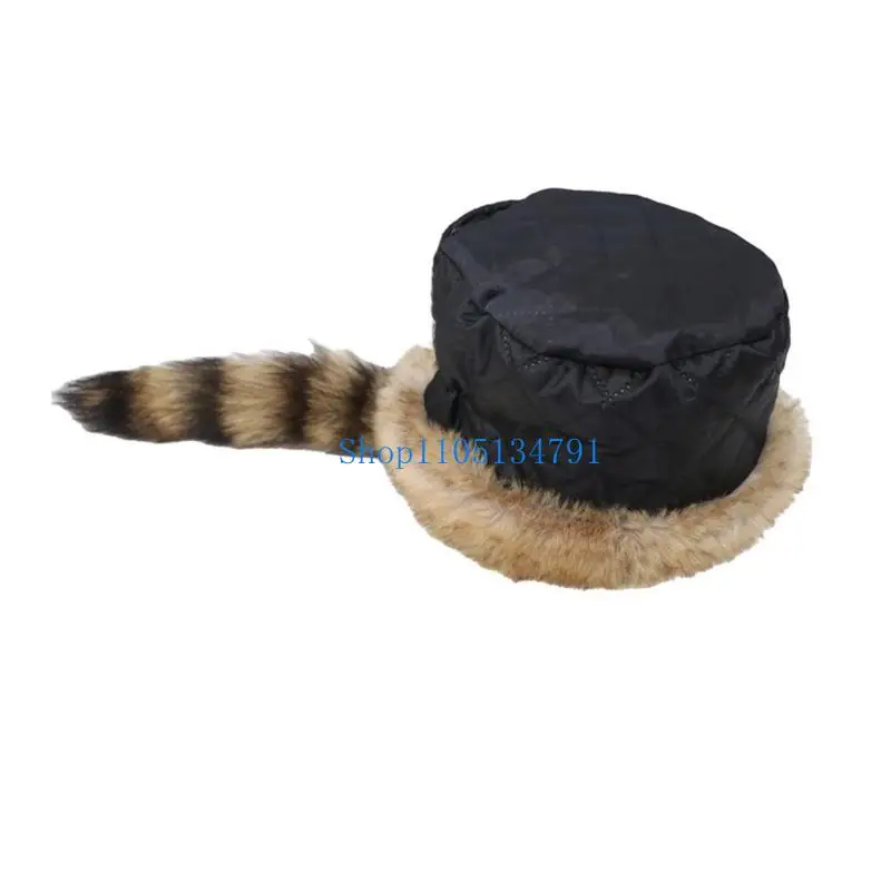 قبعة مسطحة من القطيفة على الموضة بطول 98 كم للكبار والتخييم والسفر وقبعة منغولية بذيل الراكون #5
