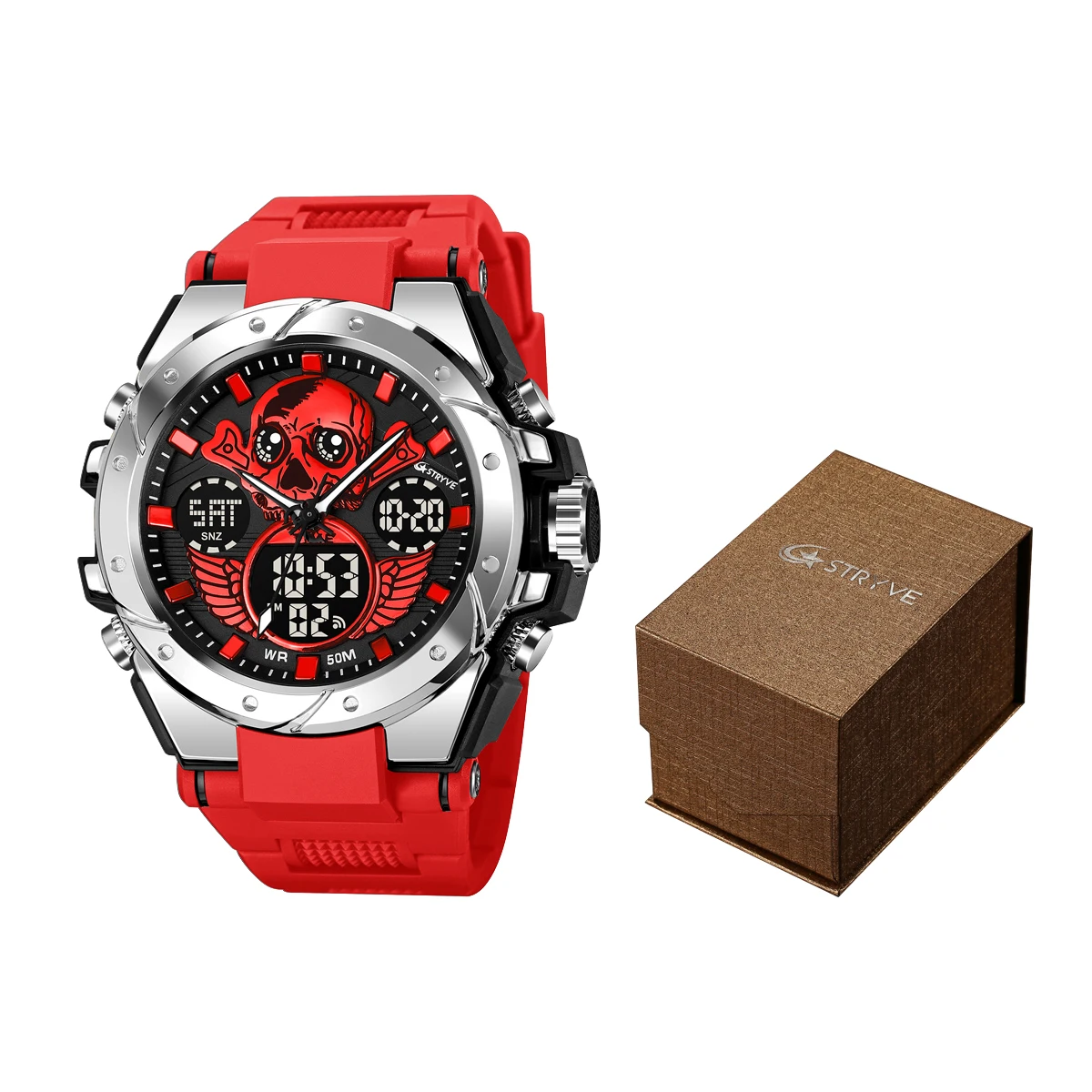 New STRYVE Watch for Men Fashion Skull Design Digital-Analog Dual Display Watches Calendar Week Multifunction Watches S8008