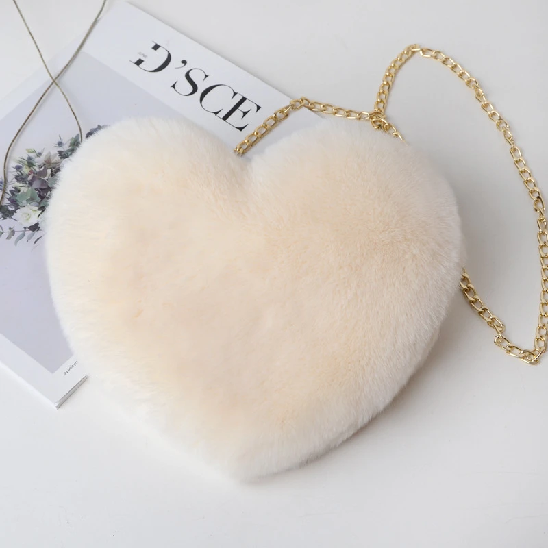 Mode frauen Herzförmige Handtaschen Nette Kawaii Faux Pelz Umhängetaschen Geldbörse Plüsch Kette Schulter Tasche Dame Handtasche – Detail 13