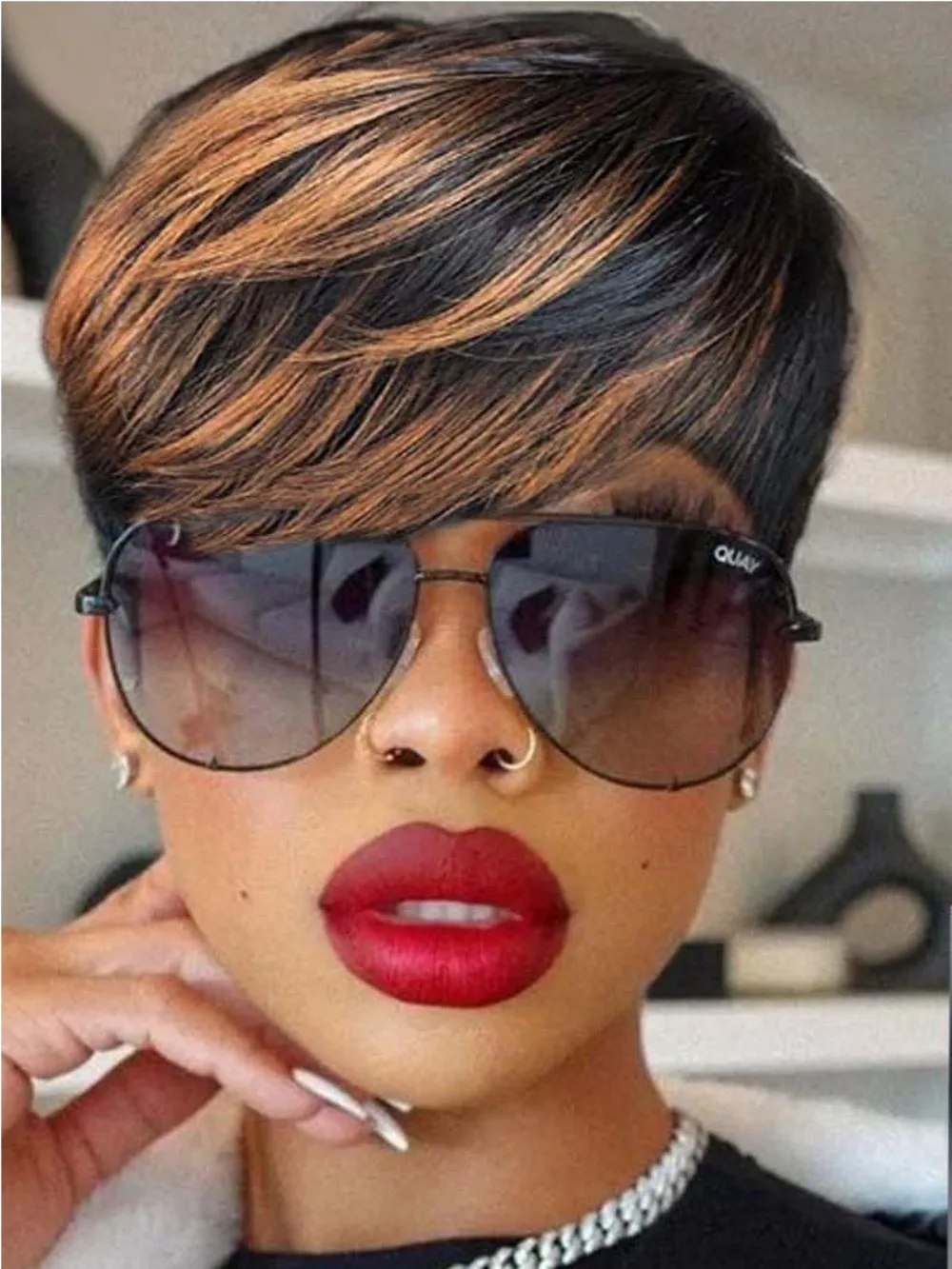 ピクシーカットウィッグ人毛ナチュラルストレート機械製ウィッグ前髪付き