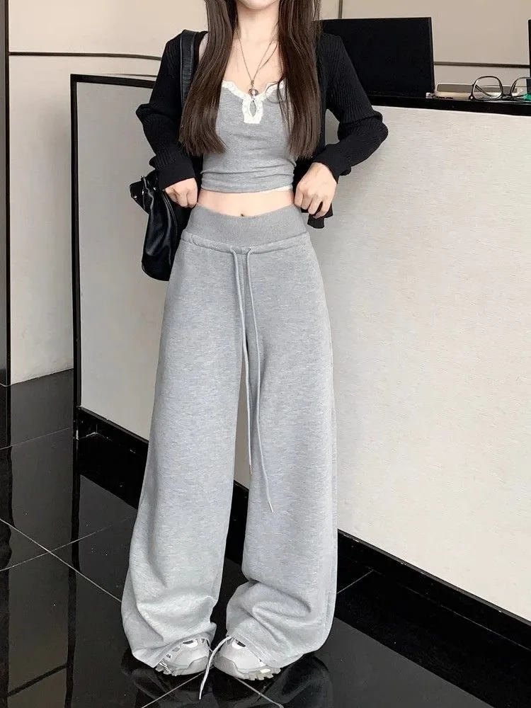 Damen-Sweatpants mit hoher Taille und geradem Bein, gerippter Bund, amerikanische Freizeitmode, weite Beine, angenehmes Tragegefühl, Sportmode – Detail 3