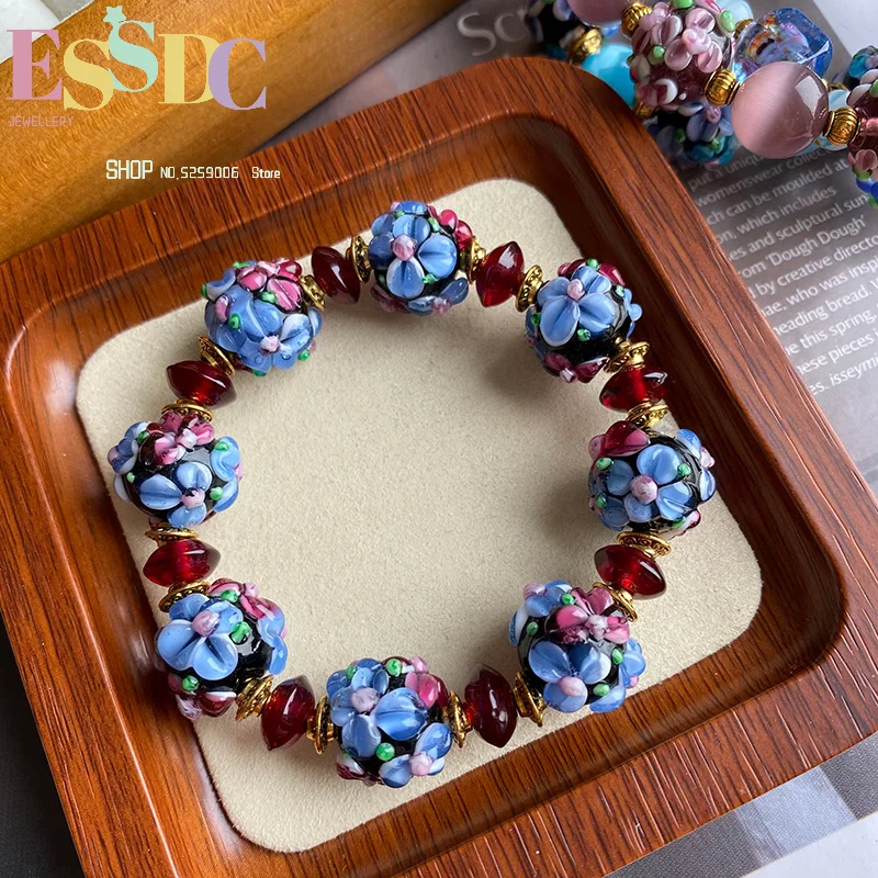 14mm stunning bracelets Murano flower glazed bracelets natural stone beads elastic rope summer high-end accessories