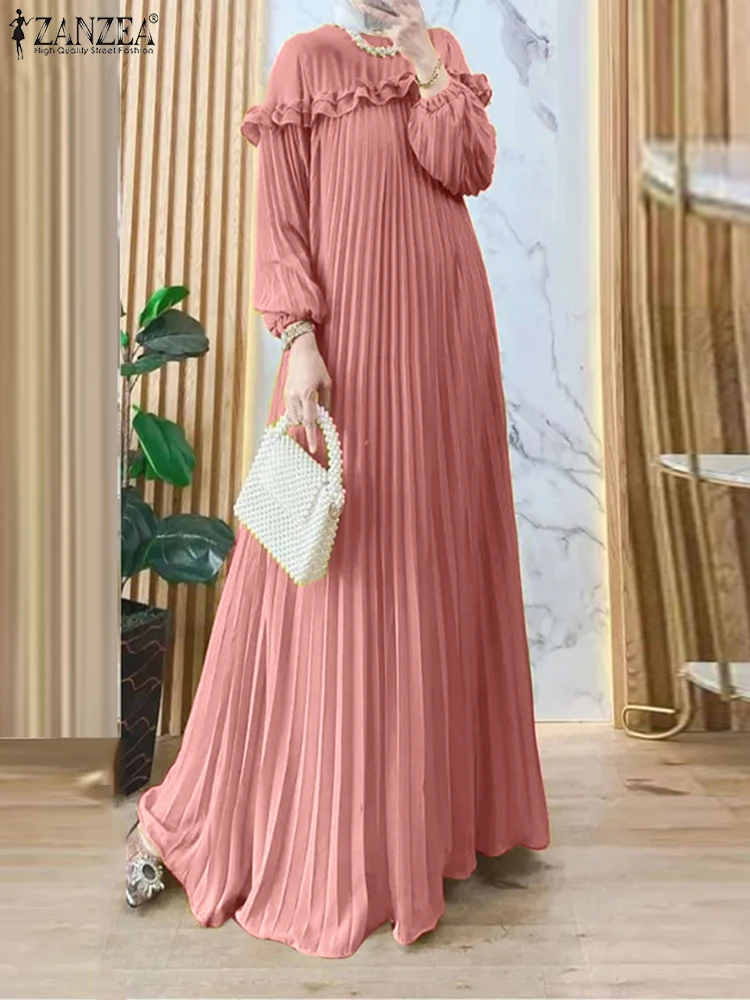 Muzułmańskie eleganckie sukienki Maxi 2025 ZANZEA wiosna moda damska z długim rękawem plisowana letnia sukienka na imprezę IsIamic szata turcja dubaj Abaya