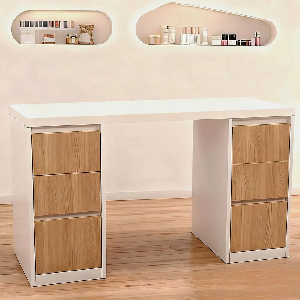 

Portable Nail Station Desk with 6 Drawer Storage Cabinet for Beauty and Nail Salon Use (White & Oak)