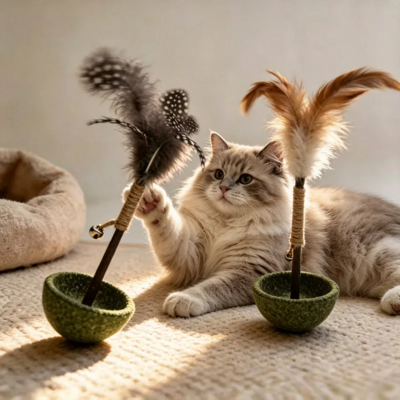 Katzen-Tumbler-Spielzeug, Feder-Teaser-Stab mit Glocke, Naturfeder, interaktives Kätzchen-Spielzeug, Selbstspiel-Katzenminze-Ball-Tumbler für drinnen